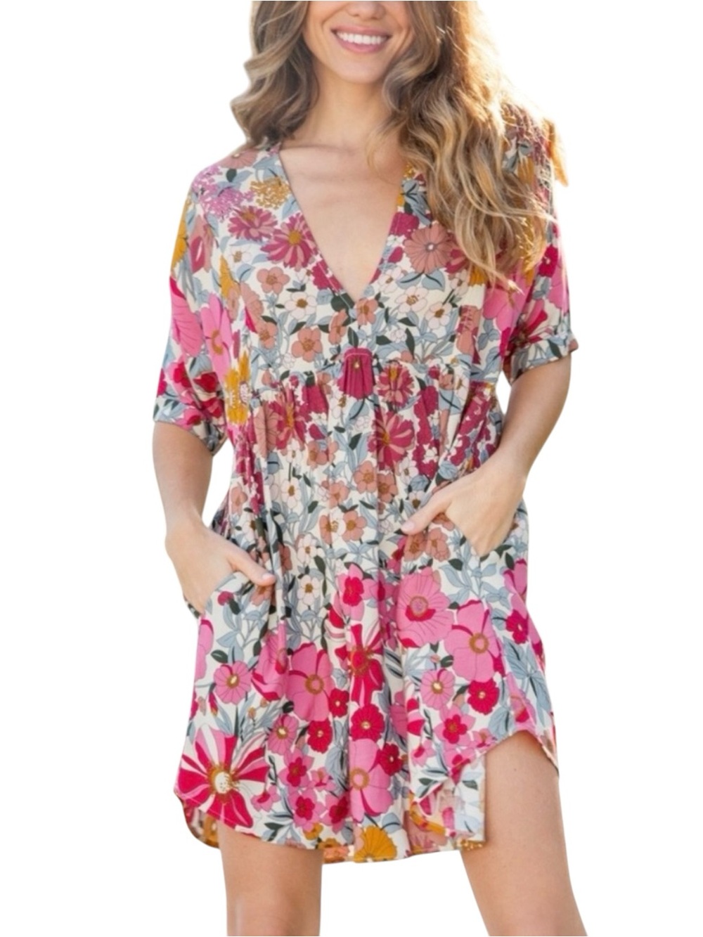 NATURAL LIFE Pink & Multi Floral Print V-Neck Dress